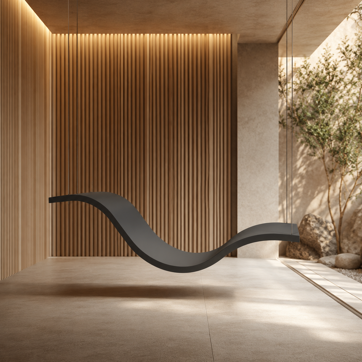 Chaise Volo suspensa em ambiente contemporâneo