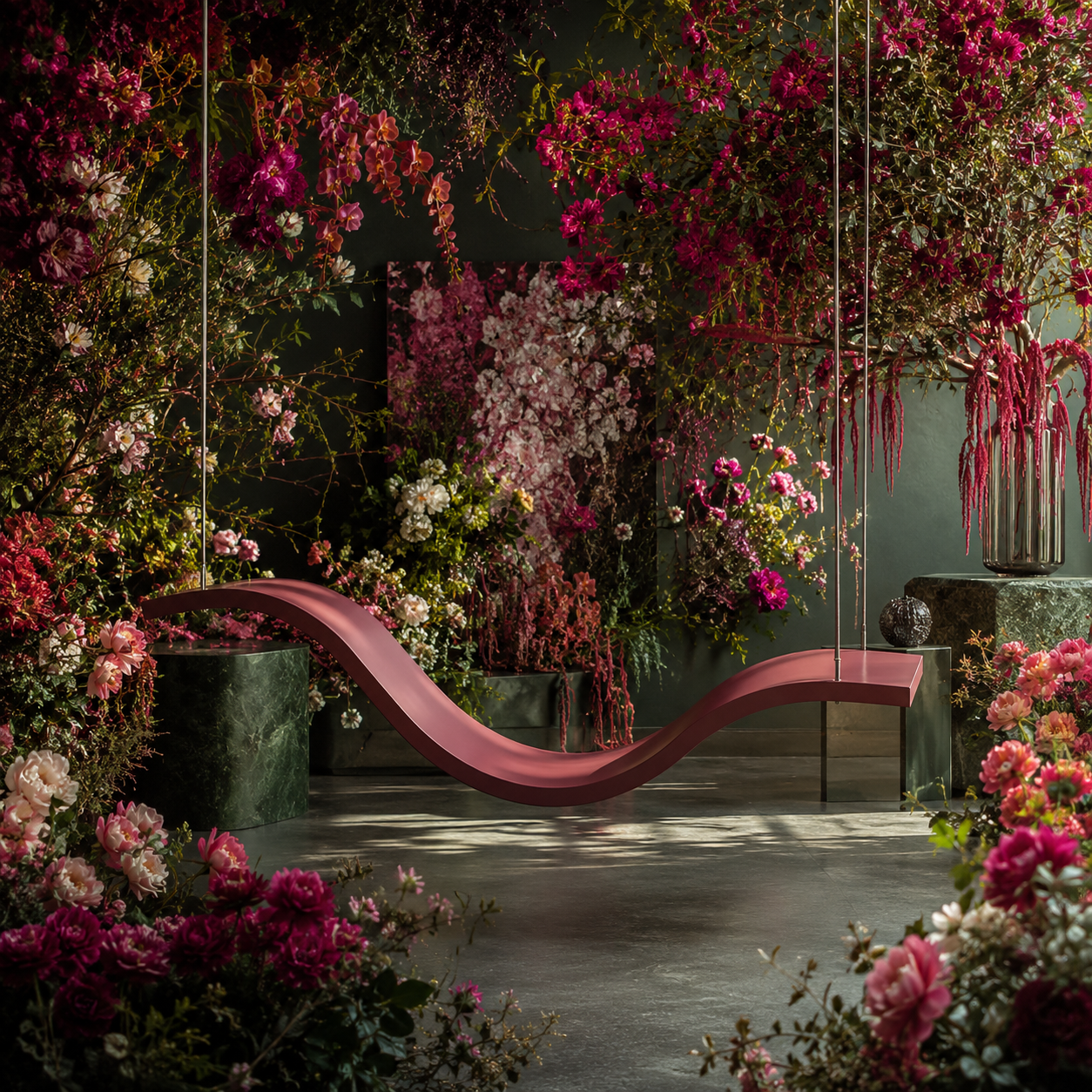 Chaise Volo integrada a instalação botânica e floral